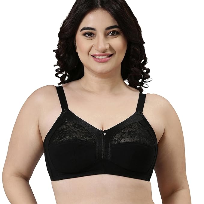 Enamor Innovations Fabcool M-Frame Side Shaper Panel Women's Cotton Everyday Bra - Non Padded, Wirefree, Full Coverage - A014 (Available in Plus Sizes) (Black)