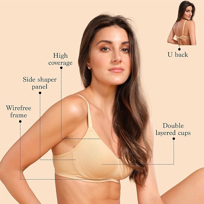 Enamor Innovations Fabcool Encircled Side Support Shaper, Non Padded, Wirefree, High Coverage, Women's Cotton Everyday Bra - A042 (Available in Plus Sizes) Skin