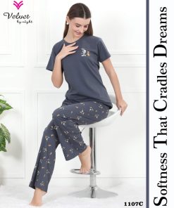 Women’s Cotton Night Suit Set – Soft Printed T-Shirt & Pyjama Set, Comfortable Short Sleeve Top & Lounge Pants Sleepwear by Velvet by Night (Grey, Regular Fit)