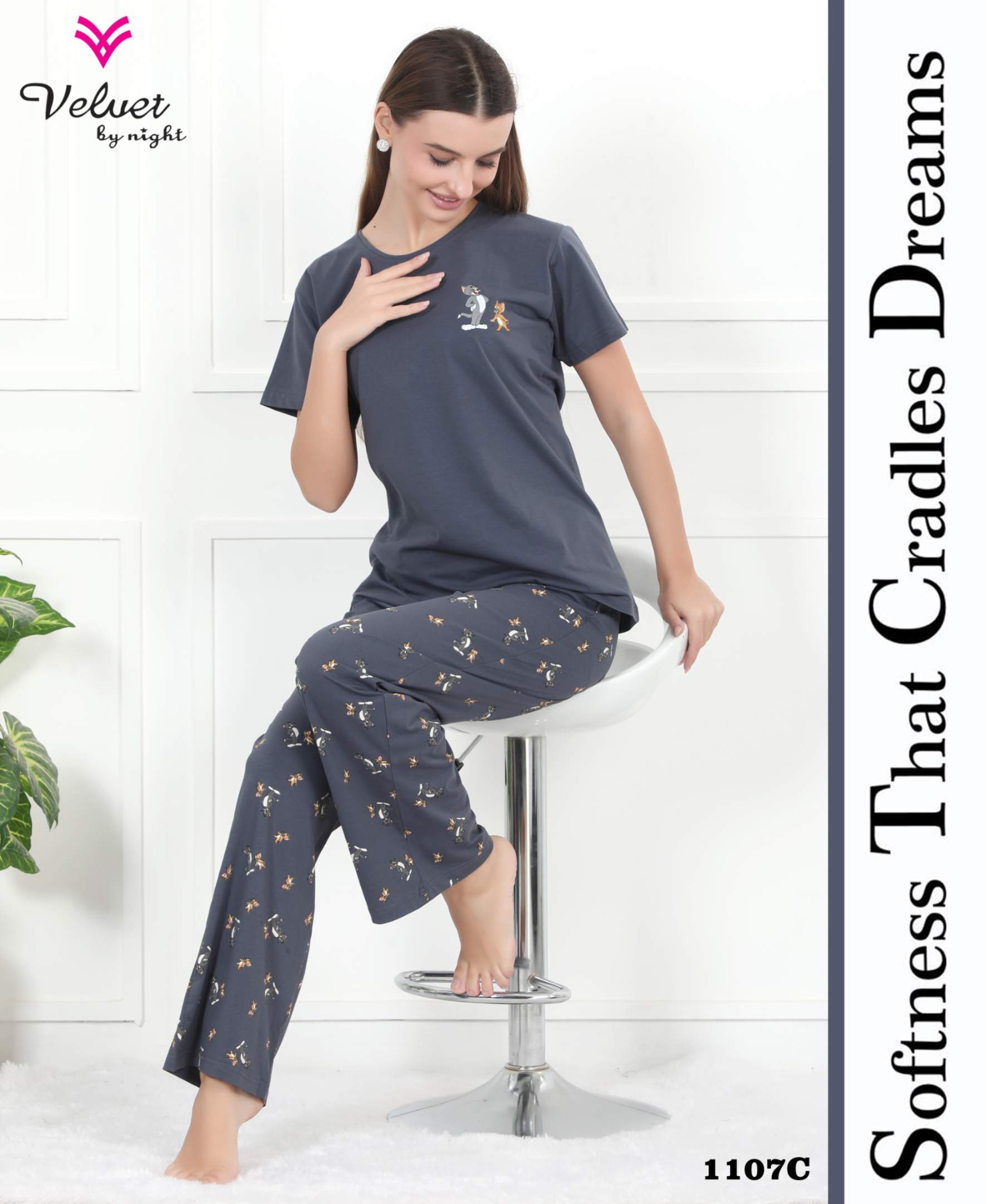 Women’s Cotton Night Suit Set – Soft Printed T-Shirt & Pyjama Set, Comfortable Short Sleeve Top & Lounge Pants Sleepwear by Velvet by Night (Grey, Regular Fit)