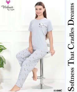 Velvet By Night Women’s Cotton Night Suit Set – Snoopy Print Short Sleeve T-Shirt & Pajama Set, Soft & Breathable Sleepwear, Comfortable Lounge Wear for Ladies (Grey)