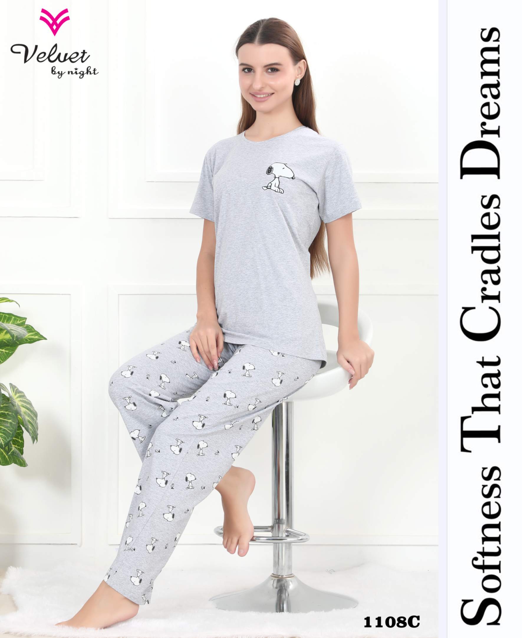 Velvet By Night Women’s Cotton Night Suit Set – Snoopy Print Short Sleeve T-Shirt & Pajama Set, Soft & Breathable Sleepwear, Comfortable Lounge Wear for Ladies (Grey)