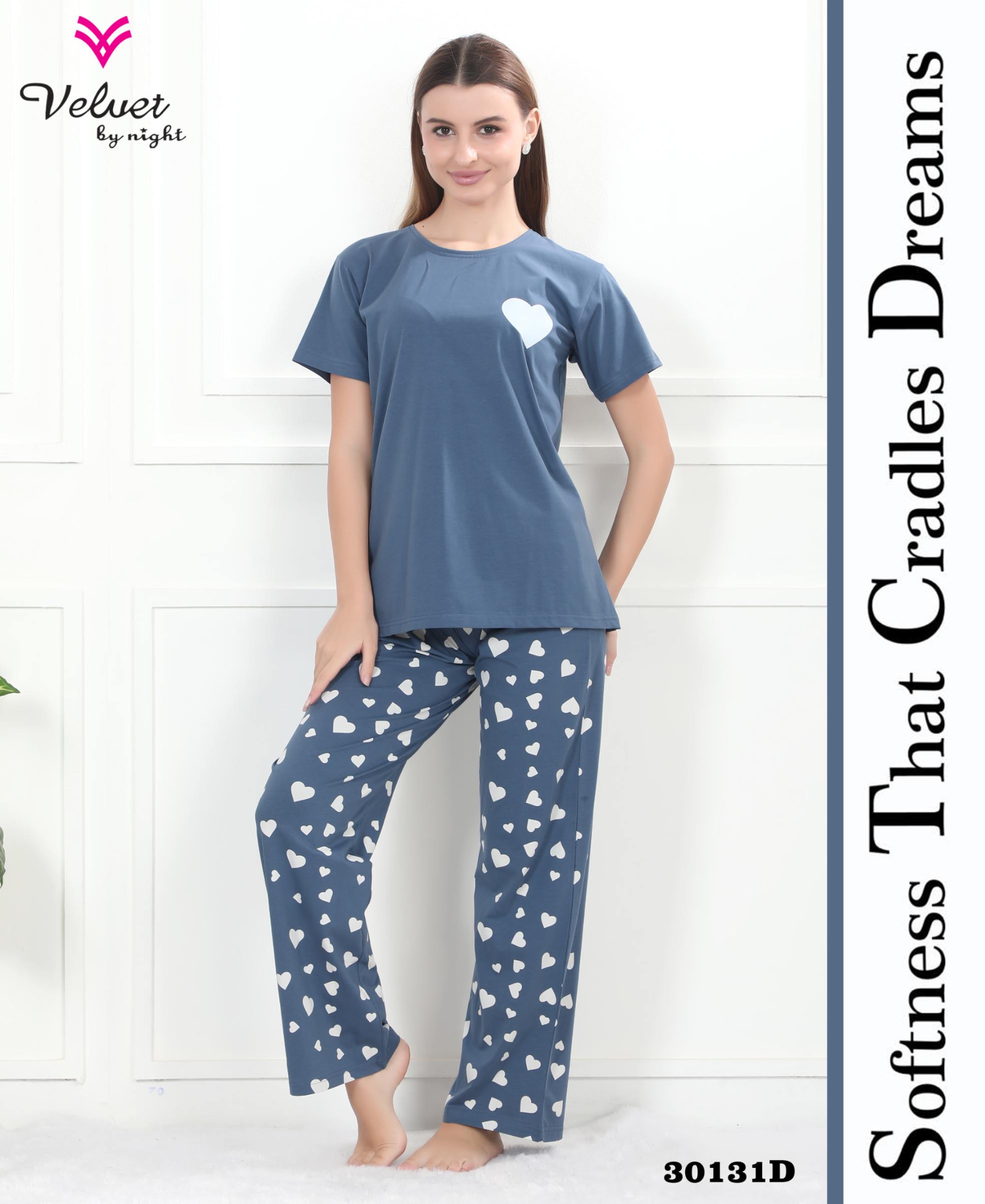 Women’s Soft Cotton Night Suit Set – Heart Print T-Shirt & Pajama Sleepwear