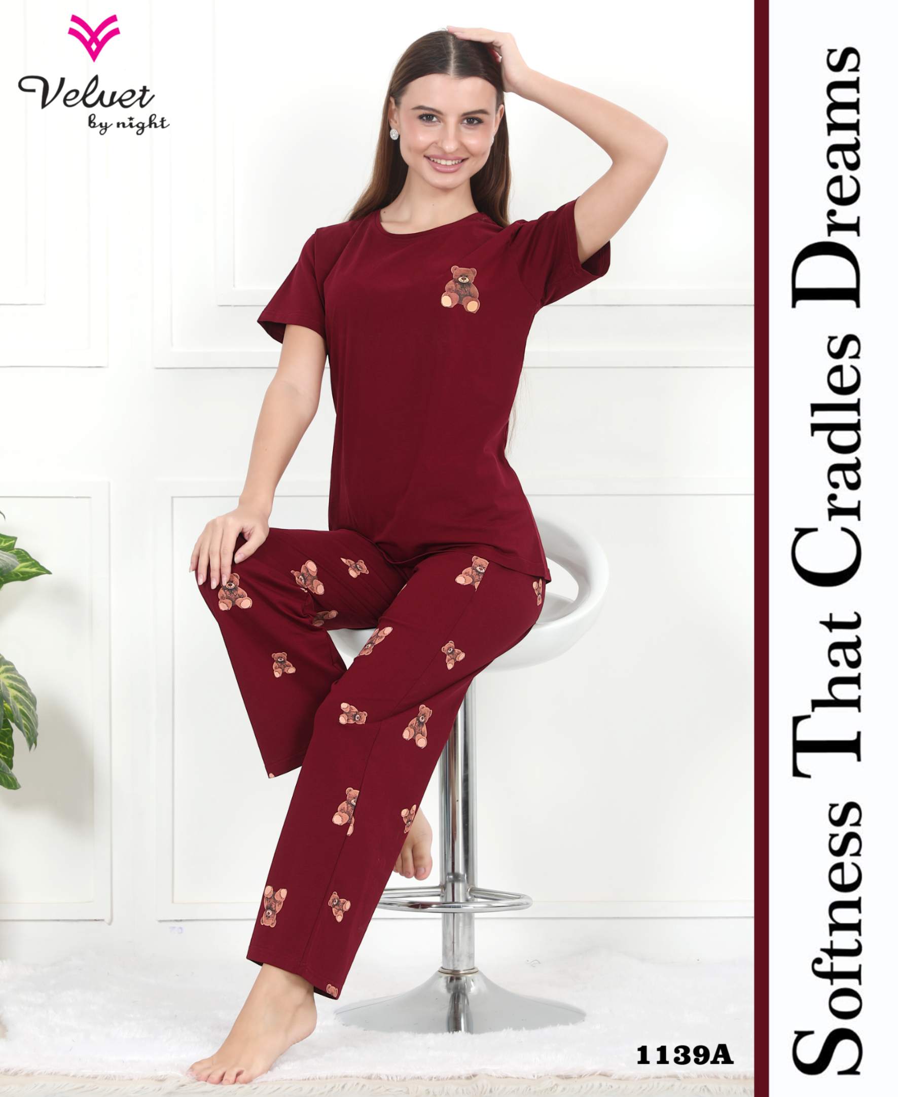 Velvet By Night Women’s Maroon Teddy Print Night Suit (1139A) – Soft Cotton Lounge Wear Set