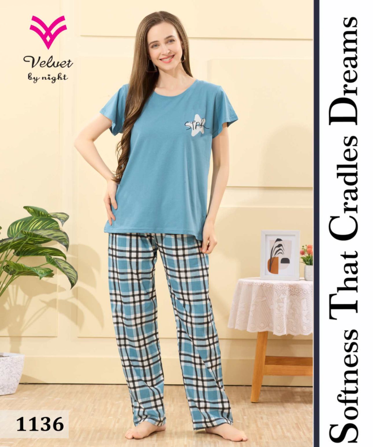 Women’s Soft Cotton Night Suit Set – Blue T-Shirt & Checkered Pajama Loungewear | Velvet By Night