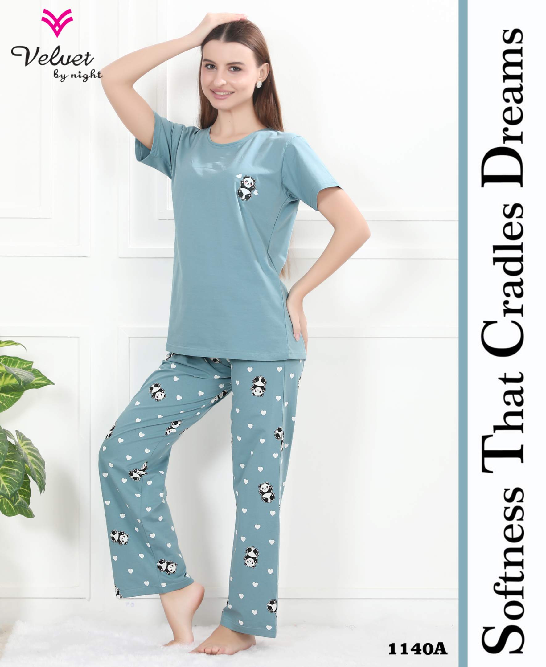 Soft Cotton Panda Print Women’s Night Suit – Velvet By Night Casual Sleepwear Set